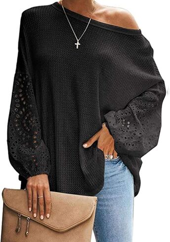 Bunanphy Off The Shoulder Waffle Knit Long Sleeve Pullover Tops Lantern Sleeves Oversized Shirt Blouse for Women in Kuwait