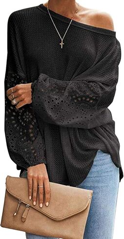 Bunanphy Off The Shoulder Waffle Knit Long Sleeve Pullover Tops Lantern Sleeves Oversized Shirt Blouse for Women in Kuwait