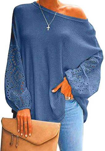 Bunanphy Off The Shoulder Waffle Knit Long Sleeve Pullover Tops Lantern Sleeves Oversized Shirt Blouse for Women in Saudi Arabia