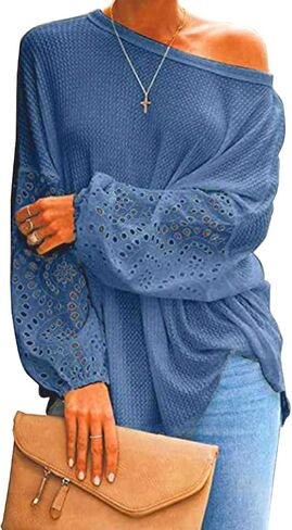 Bunanphy Off The Shoulder Waffle Knit Long Sleeve Pullover Tops Lantern Sleeves Oversized Shirt Blouse for Women in Saudi Arabia
