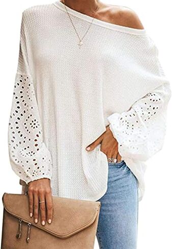 Bunanphy Off The Shoulder Waffle Knit Long Sleeve Pullover Tops Lantern Sleeves Oversized Shirt Blouse for Women in Saudi Arabia