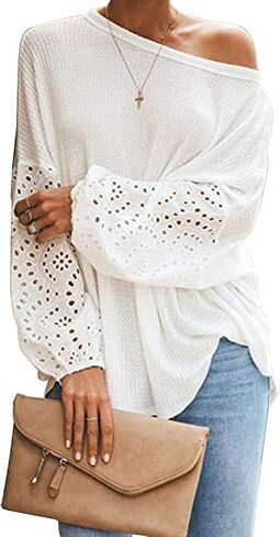 Bunanphy Off The Shoulder Waffle Knit Long Sleeve Pullover Tops Lantern Sleeves Oversized Shirt Blouse for Women in Saudi Arabia
