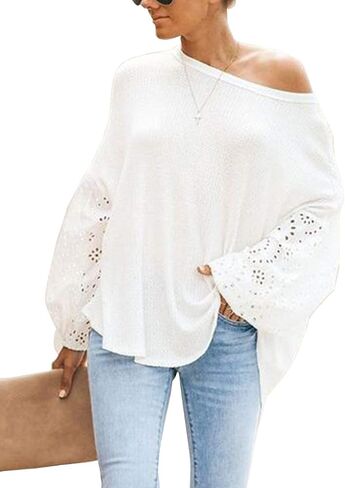 Bunanphy Off The Shoulder Waffle Knit Long Sleeve Pullover Tops Lantern Sleeves Oversized Shirt Blouse for Women in Saudi Arabia