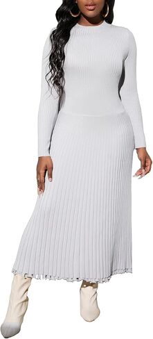 IWFEV Sweater Dress Mid-Calf Pleated Dress Long Sleeve Knit Pullover Bodycon Women's Maxi Dress in Kuwait