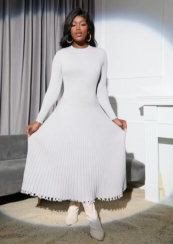 IWFEV Sweater Dress Mid-Calf Pleated Dress Long Sleeve Knit Pullover Bodycon Women's Maxi Dress in Kuwait