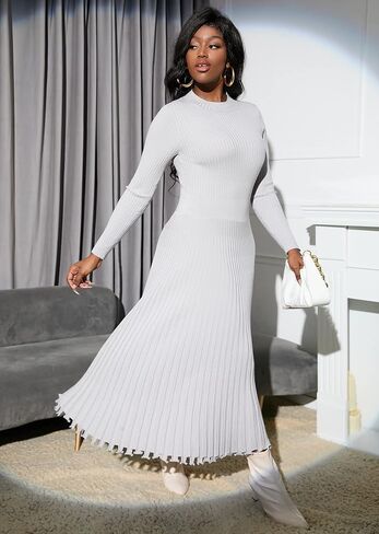 IWFEV Sweater Dress Mid-Calf Pleated Dress Long Sleeve Knit Pullover Bodycon Women's Maxi Dress in Kuwait