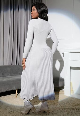 IWFEV Sweater Dress Mid-Calf Pleated Dress Long Sleeve Knit Pullover Bodycon Women's Maxi Dress in Kuwait