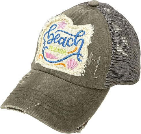 C.C Ponytail Criss Cross Messy Buns Ponycaps Baseball Cap Dad Trucker Mesh Hat (Distressed Patch Beach Please Charcoal) in Saudi Arabia