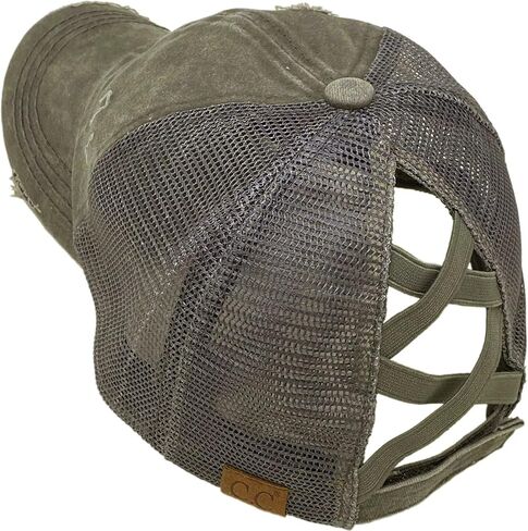 C.C Ponytail Criss Cross Messy Buns Ponycaps Baseball Cap Dad Trucker Mesh Hat (Distressed Patch Beach Please Charcoal) in Saudi Arabia