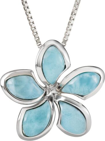 Sterling Silver Natural Larimar Plumeria Flower Necklace Pendant with 18" Box Chain in Saudi Arabia