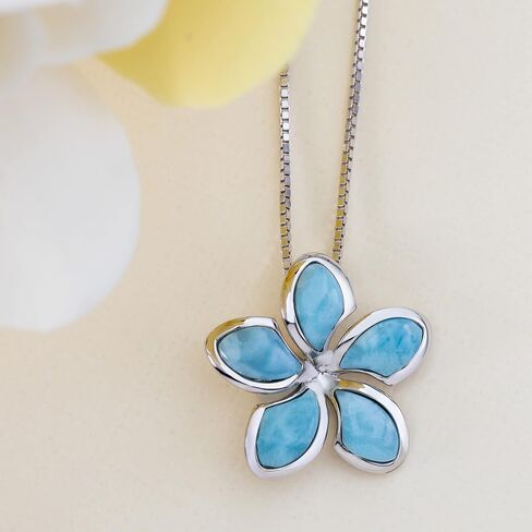 Sterling Silver Natural Larimar Plumeria Flower Necklace Pendant with 18" Box Chain in Saudi Arabia