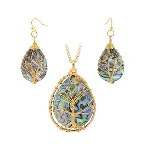Hand Wired Tree of Life Sea Abalone Shell Jewelry Set Drop Earrings & Pendant Necklace, Bronze