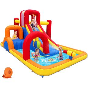 Inflatable Water Slide, 10 in 1 Water Park Bounce House with Blower, Splash Pool, 2 Slides, Water Cannon, Climbing Wall, Blow up Water Slides for Kids Outdoor Backyard