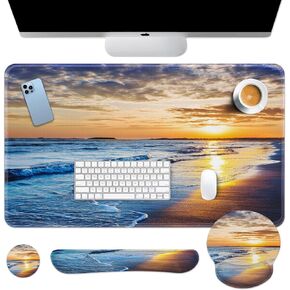 Purple Blue Marble Desk Mat, Painting Golden Mouse Pad Set with Wrist Support, 4-in-1 Large Mousepad+Keyboard Wrist Rest+Mouse Wrist Rest+Coaster with Ergonomic Design, Non-Slip Mat