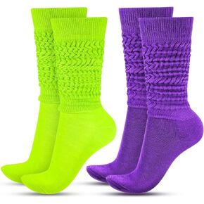 2 Pairs 80s Neon Women's Extra Long Heavy Slouch Socks Extra Tall Heavy Socks Thick Scrunchie Socks Size 9 to 10