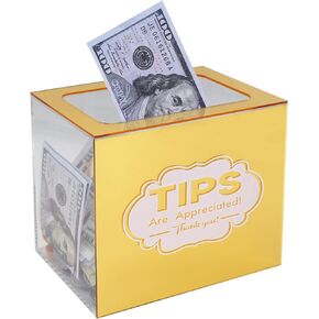 Acrylic Tips Jar for Money, Gold Tip Box for Bartender Bars Money Container Musicians Restaurants Driver, Acrylic Collection Donation Raffle Cash Tips Jar Box for Money Storage Container
