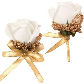 WANLIAN Rose Wrist Corsage Bridesmaid Corsage and Boutonniere Set for Wedding Prom Party Hand Flower Decoration Set of 2 (White01)