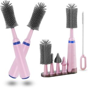 Electric Bottle Brush with Stand and Extendable Handle,Silicone Bottle Brush Set with Water Bottle/Nipple/Straw Brush,Easy-Grip Silicone Handle,Waterproof/Rechargeable Brush, Grey