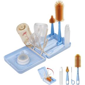YOTIME Travel Bottle Brush, Travel Bottle Cleaner Kit with Foldable Bottle Drying Rack, for Visit Friends and Relations, Baby Travel Essentials, BPA Free, Blue