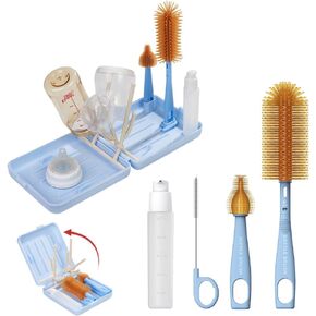 Travel Bottle Cleaner Kit with Extendable Liquid Silicone Bottle Brush, Nipple Brush, Straw Brush, Soap Dispenser, Drying Rack and Organizer Box, BPA Free - Blue