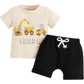 Pudcoco Toddler Baby Boys Birthday Boy Outfit Construction Short Sleeve Excavator T-shirt and Solid Shorts Set