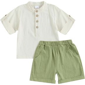 Karuedoo Toddler Baby Boy Clothes Cotton Linen Outfit Button Up Short Sleeve Henley Shirts and Shorts Set Cute Summer Clothes