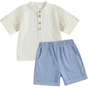 Karuedoo Toddler Baby Boy Clothes Cotton Linen Outfit Button Up Short Sleeve Henley Shirts and Shorts Set Cute Summer Clothes in Kuwait