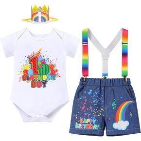 Kids Baby Boy Watermelon Rainbow 1st 2nd 3rd 4th 5th Birthday Outfit Romper Top Suspenders Shorts Headband 4pcs Set
