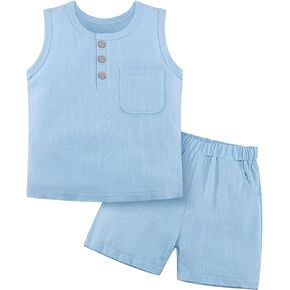 Weixinbuy Toddler Baby Boy Outfits Summer Clothes Set Cotton Linen Sleeveless Pocket T-shirt Tops Shirt Short Outfit Set
