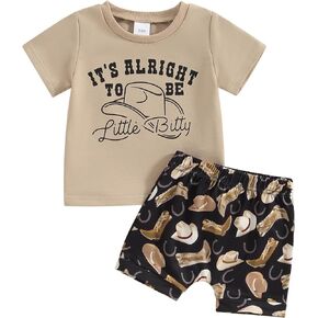 Western Toddler Baby Girl Boy It's Alright to be Little Bitty Outfits Two Piece Cow Short Sleeve T Shirts and Shorts
