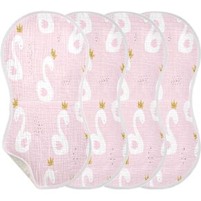 Kigai Baby Burp Cloths 4 Pack- Swan Princess Super Absorbent and Soft Burping Rags - Cotton Burp Clothes Set for Boys and Girls