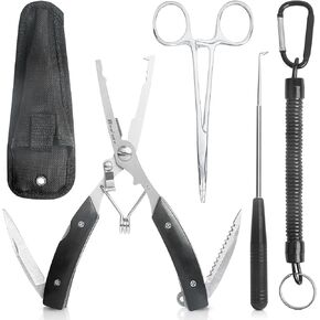 Multi Saltwater Fishing Pliers Kit for Split Ring, Line Cutter & Fish Hook Remover Fishing Tools Sets, 420 Stainless Steel Gear Fishing Plyers with Forceps, Lanyard & Sheath (Black)