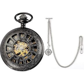 SIBOSUN Pocket Watch for Men Mechanical Skeleton Pocket Watch with Antique Compass Pendant Design Charm Fob T-Bar Chain Silver