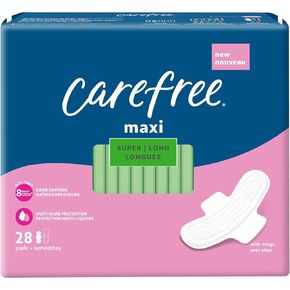 Carefree Maxi Pads, Super/Long Pads With Wings, 28ct (Pack of 1)