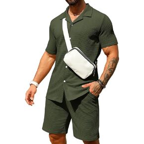 URRU Men's Shirt and Shorts Set Summer Outfits 2 Piece Fashion Short Sleeve Casual Button Down Shirts Set for Men