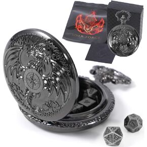 Micro Metal DND Dice Set: MiniChrono's Tiny, Mini Set in a Magic Circle Pocketwatch Case - Portable Dungeons and Dragons (D&D) TTRPG Accessory (Magic Black + Iron Dice)