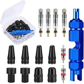 15 Pieces Valve Core Bike Kit Presta Valve Stem Removal Tool Valve Caps with Brass Replacement Presta and Schrader Valve Core for MTB and Road Bicycle No Leak Replacement