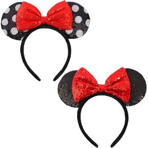 Shiny Sequin Mouse Ear Headbands, 2 PCS Classic Bow Headbands for Adult Women and Girls (Red Sequin & Red Dot)