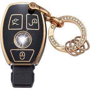 for Mercedes Benz Key Fob Cover Soft TPU Protection Car Key Case Shell with Fashion Gold Bling Keychain Compatible with 2019-2021 A-Class C-Class G-Class 2017-2020 E-Class S-Class black