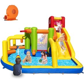 Inflatable Obstacle Bounce House, Kids Bounce House Water Park with Water Slides, Surprise Dump Bucket, Obstacles,Jumping, Tunnels, Climbing,Water Cannon, and Ball Shooting Frame