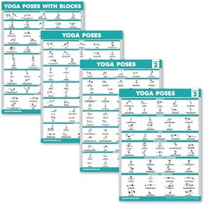 4 Pack - Yoga Poses Poster Volume 1, 2 & 3 + Yoga Positions with Yoga Blocks - Beginner Yoga Position Exercise Charts - English and Sanskrit Names