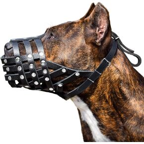 Soft Leather Dog Muzzle for Pitbulls – Dog Muzzle for Large Dogs Pitbull – Large Breathable Pitbull Muzzle Anti Bite – Adjustable Basket Muzzle for Pitbull, Amstaff, Labrador etc. (L Size)