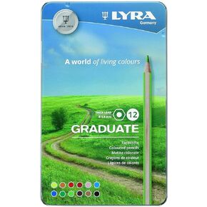 LYRA Graduate Colouring Pencils, 3.8mm Thick Lead, 12 Assorted Colours, Technical & Artistic Drawing, Tin Box, Ideal for Student Artists & Schools