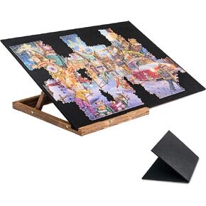 Tektalk Foldable Jigsaw Puzzle Board with 3 angle adjustable Bracket / Stand, Lightweight Portable Puzzle Mat Plateau with Wooden Easel, Foldaway Felt Puzzle Table, for Up to 1000 Pieces - Black