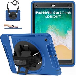 Case for iPad 6th/5th Generation: Military Grade Protective Cover for iPad 9.7 (2018/2017) & iPad Air 2 9.7" with 360° Rotatable Stand- Handle- Shoulder Strap+Pencil Holder- Black