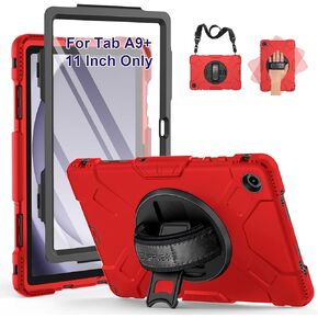 SUPFIVES Case for Galaxy Tab A9 8.7 Inch Case, Upgraded Military 3-Layer Liquid Silicone Samsung Tablet A9 Cover with Screen Protector+ Pen Holder+ Shoulder/Hand Strap+ Rotating Kickstand- Red