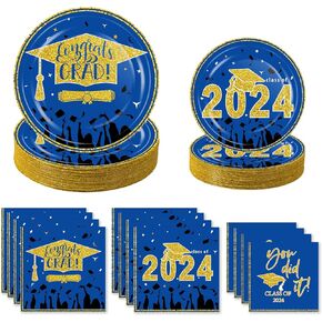 200pcs Graduation Party Decorations for Class of 2024 Black Gold Congrats Grad Disposable Paper Plates and Napkins for College High School Graduation Party Supplies Serves 50