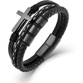 Mens Leather Bracelet Sterling Stainless Cross Religious Bracelets Black Microfiber Leather Cuff Bangle Gift of God's Love