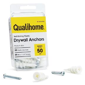 Qualihome Heavy Duty Plastic Self Drilling Drywall Anchors and Screws Kit | Includes 50 Drywall Anchors, 50#8 1-1/4 Inch Screws & Reusable Storage Case
