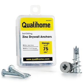 Qualihome Zinc Self Drilling Drywall Anchor Hollow Wall Anchor Kit with Screws - Metal Self Drilling Drywall Anchors with Wide Screw Fins - #8 Zinc Drywall Anchors Heavy Duty - 50 Pack - 75 Lbs